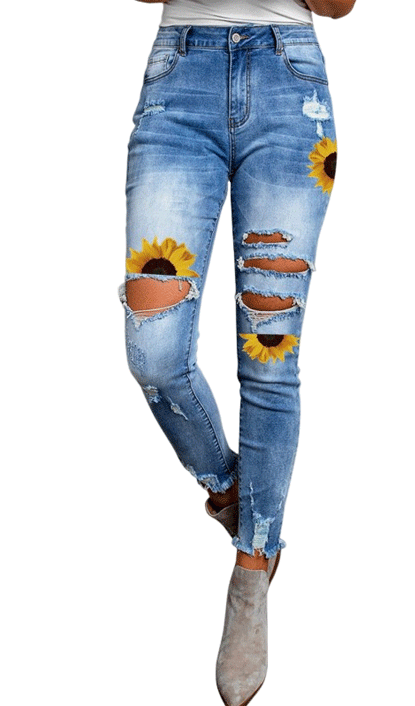 /graphic-pants/sky-blue-sunflower-print-skinny-fit-high-waist-distressed-jeans.html