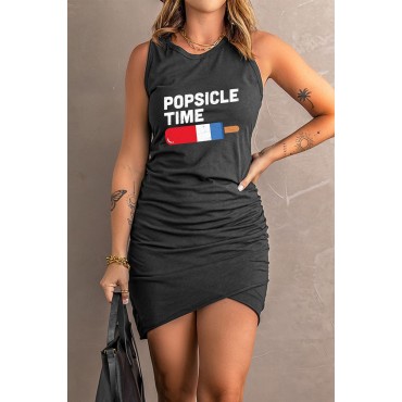 Black POPSICLE TIME Pattern Ruched Arch Hem Mini Dress