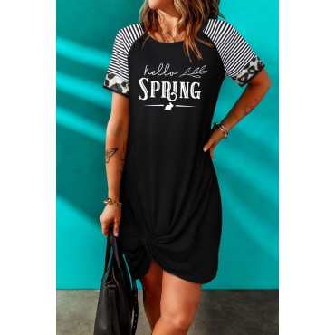 Black Hello Spring Print Twist Striped Short Sleeve Mini Dress