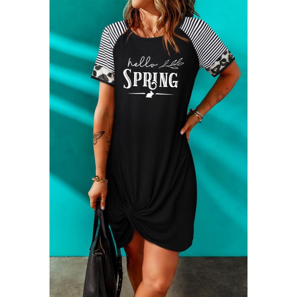 Black Hello Spring Print Twist Striped Short Sleeve Mini Dress