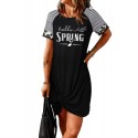 Black Hello Spring Print Twist Striped Short Sleeve Mini Dress