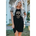 Black Leopard Ghost Graphic Mixed Print Sleeve T Shirt Dress with Twist