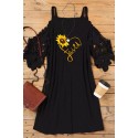 Black Faith Heart Sunflower Print Lace Sleeve Cold Shoulder Mini Dress