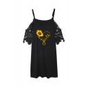 Black Faith Heart Sunflower Print Lace Sleeve Cold Shoulder Mini Dress