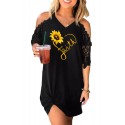 Black Faith Heart Sunflower Print Lace Sleeve Cold Shoulder Mini Dress