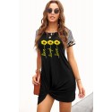 Black  Letter Sunflower Print Twist Knot Short Sleeve Mini Dress