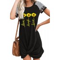 Black  Letter Sunflower Print Twist Knot Short Sleeve Mini Dress