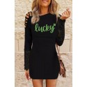 Black Lucky Clover Print Cut-out Lace Patchwork Long Sleeve Mini Dress