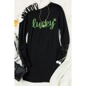 Black Lucky Clover Print Cut-out Lace Patchwork Long Sleeve Mini Dress