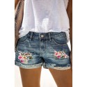 Sky Blue Floral Leopard Patchwork Ripped Denim Shorts