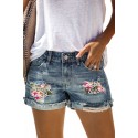 Sky Blue Floral Leopard Patchwork Ripped Denim Shorts