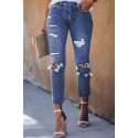 Leopard Patchwork Mid Waist Slim-fit Ripped Boyfriend Jeans