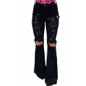 Black Butterfly Print Raw Hem Ripped High Waist Flare Jeans