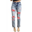 Sky Blue Valentine Heart Print Patchwork Distressed Slim-fit Jeans