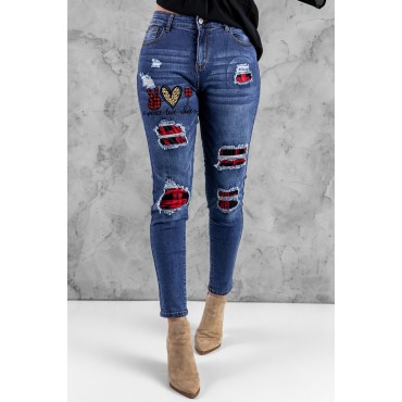 Blue Plaid Patchwork Graphic Print Distressed Skinny Jeans