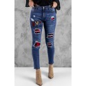 Blue Plaid Patchwork Graphic Print Distressed Skinny Jeans