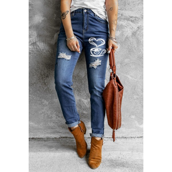 Blue Distressed Coffee Print Skinny Jeans