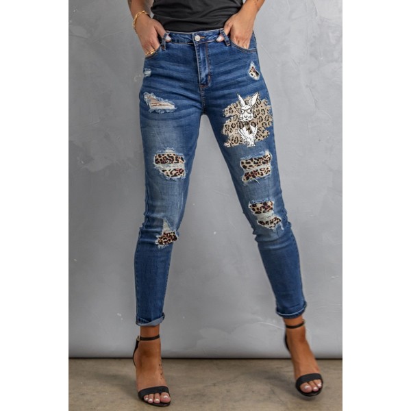 Easter Leopard Bunny Print Patchwork Distressed Skinny Jeans