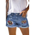 Sky Blue Leopard Skull Floral Print Roll Up Distressed Denim Shorts