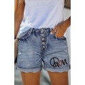 Sky Blue Casual Peace Logo Graphic Denim Short