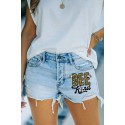 Sky Blue Bee Kind Sunflower Animal Print High Waist Denim Shorts