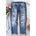 Sky Blue Floral Patchwork Mid Waist Distressed Jeans