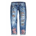 Sky Blue Leopard Flower Patchwork Distressed Denim Pants