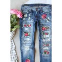 Sky Blue Cheetah Floral Print Contrast Mid Waist Distressed Jeans