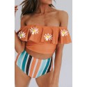 Orange Ruffles Overlay Off Shoulder Top and Striped Panty Bikini