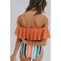 Orange Ruffles Overlay Off Shoulder Top and Striped Panty Bikini