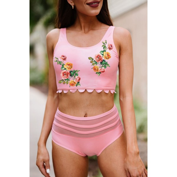 Pink Floral Print Scalloped Sleeveless High Waist Bikini Swimsuit