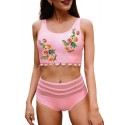 Pink Floral Print Scalloped Sleeveless High Waist Bikini Swimsuit