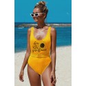 Letter Sunflower Print Ribbed Belted One-piece Swimsuit