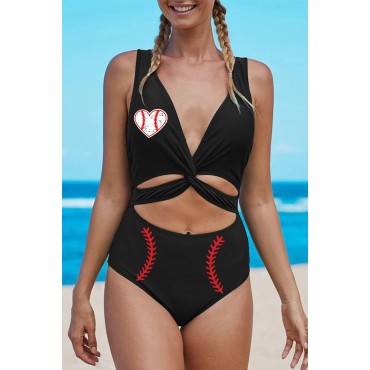 Black Baseball Heart Print Cut-out Criss Cross One-piece Swimwear