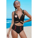 Black Baseball Heart Print Cut-out Criss Cross One-piece Swimwear