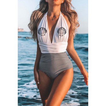 White Pattern Striped Print Halter Deep V Neck Backless One-piece Swimsuit