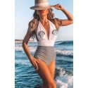 White Pattern Striped Print Halter Deep V Neck Backless One-piece Swimsuit