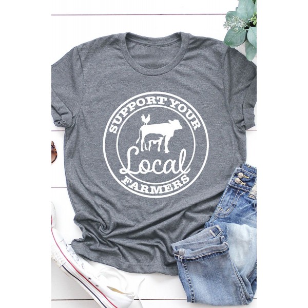 Gray Local Letter Animal Print Short Sleeve Graphic Tee