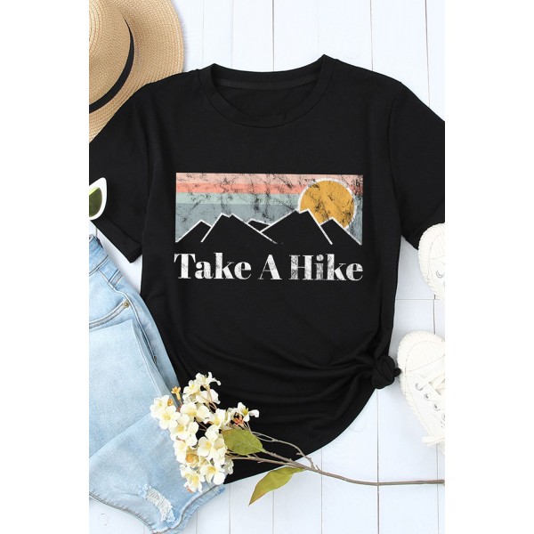 Black Take A Hike Graphic Printed Short Sleeve Top